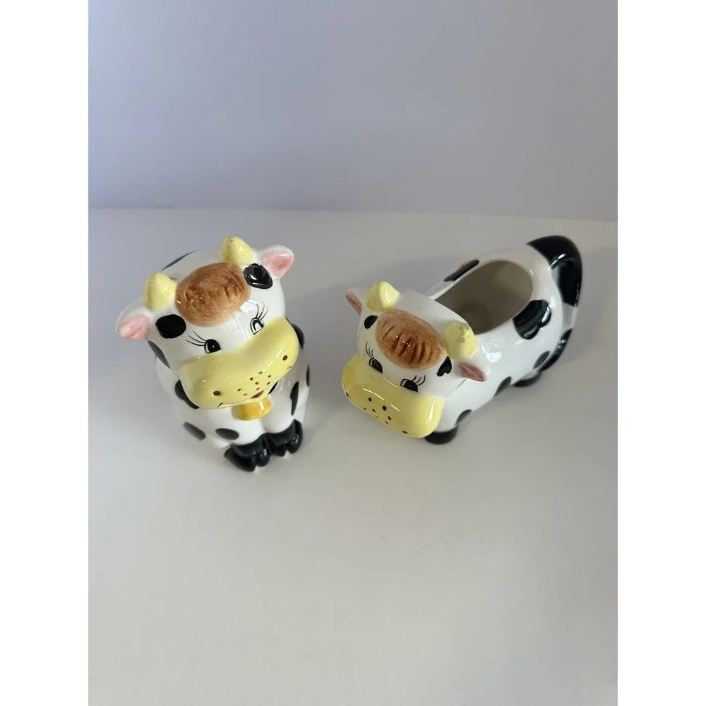 Vintage Ceramic Cow Creamer and Sugar Bowl Set Black White Spotted Farmhouse